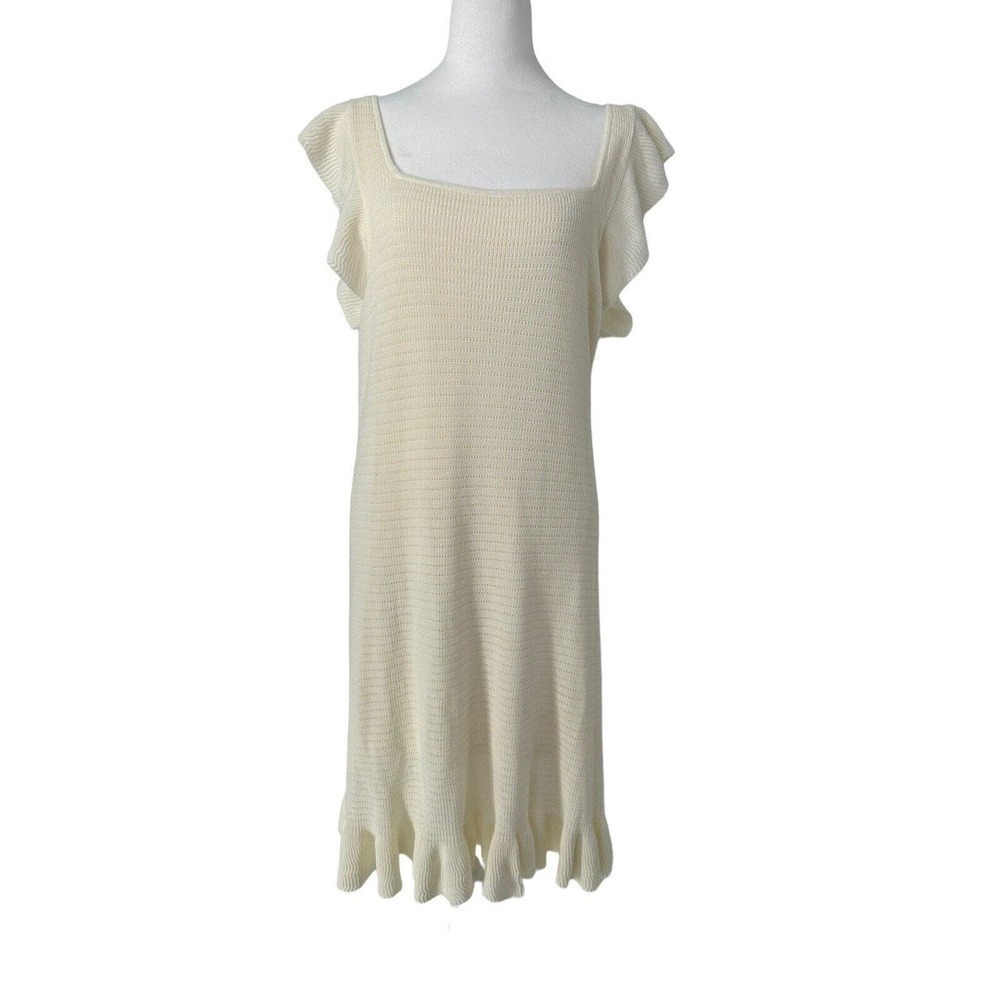 House of Harlow 1960 Cream Knit Ruffle Flutter Sleeve Knee Length Midi Dress L - Picture 3 of 16